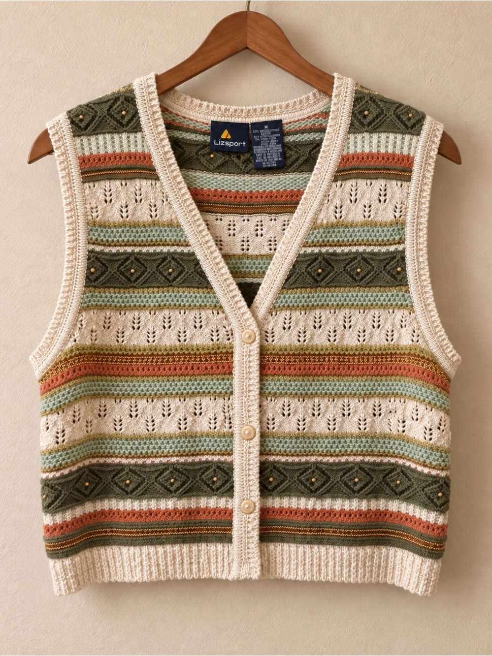 Lizsport Cream Multicolor Striped Knit Vest